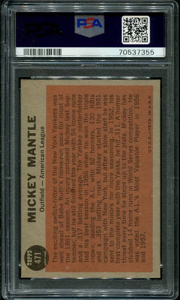 Authentic 1962 Topps #471 Mickey Mantle All Star PSA 7 Baseball Card