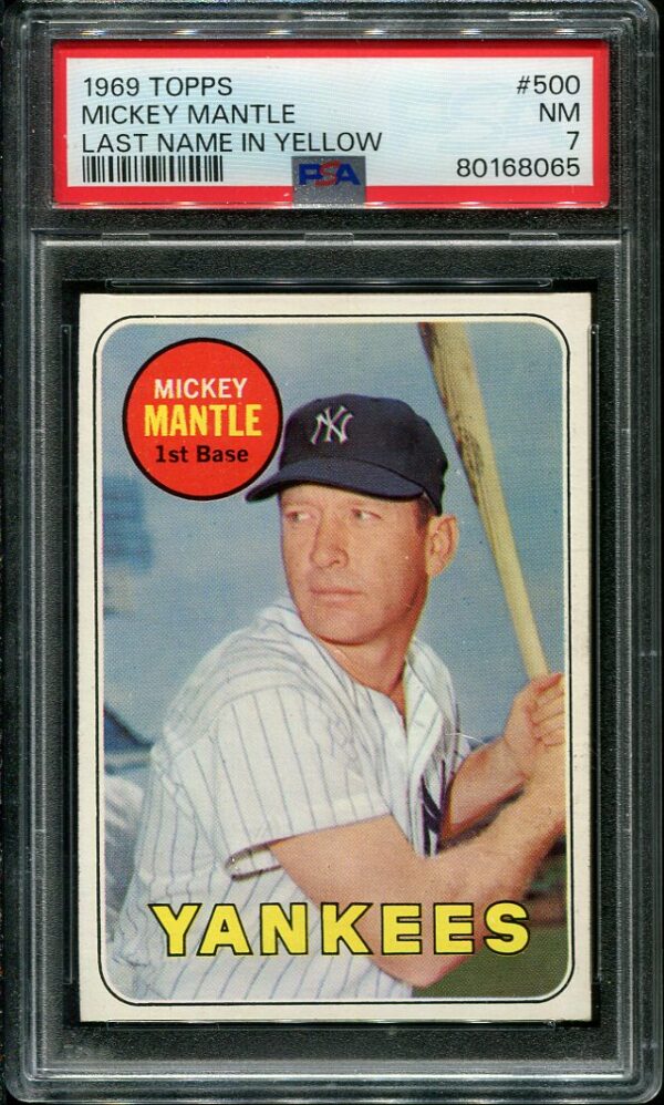 1969 Topps #500 Mickey Mantle Last Name In Yellow PSA 7 Vintage Baseball Card