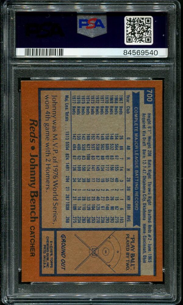 Authentic 1978 Topps #700 Johnny Bench PSA 8 Baseball Card