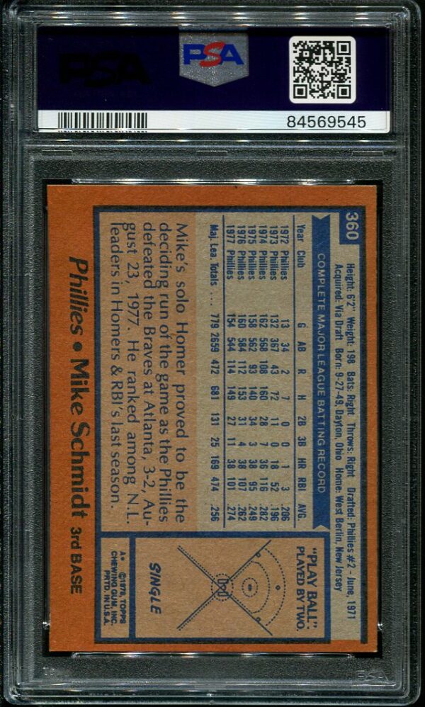 Authentic 1978 Topps #360 Mike Schmidt PSA 8 Baseball Card