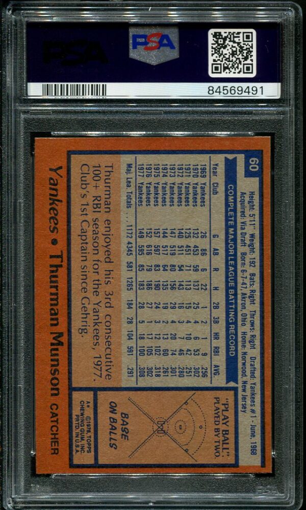 Authentic 1978 Topps #60 Thurman Munson PSA 8 Baseball Card
