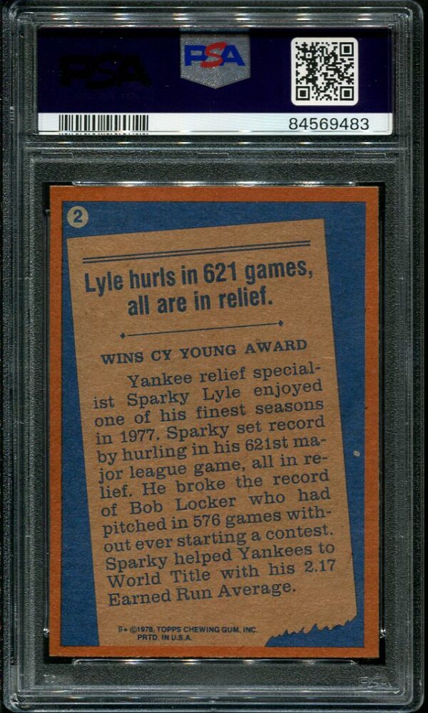 Authentic 1978 Topps #2 Sparky Lyle PSA 9 Baseball Card
