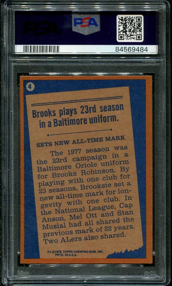 Authentic 1978 Topps #4 Brooks Robinson PSA 8 Baseball Card