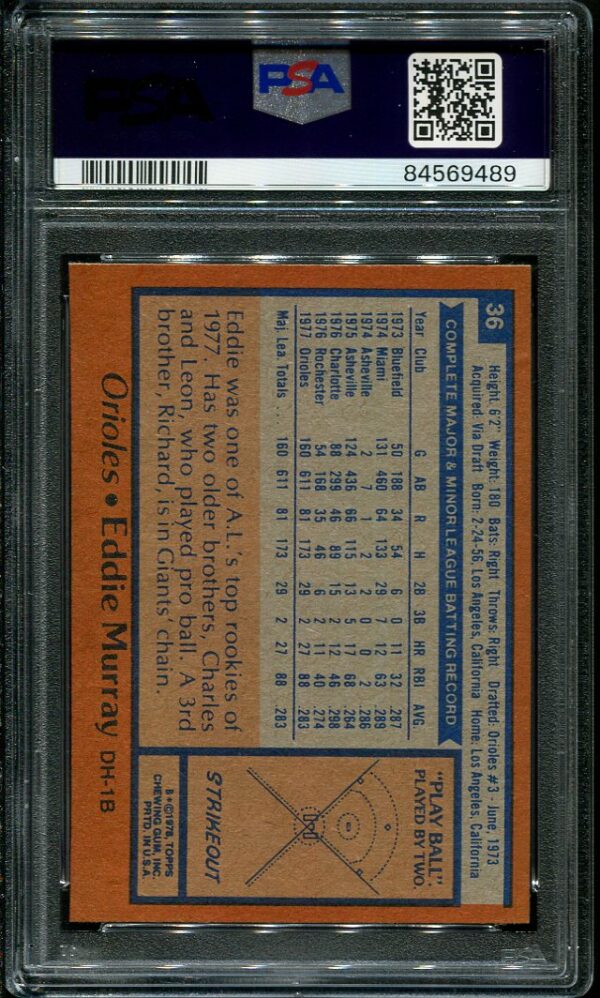 Authentic 1978 Topps #36 Eddie Murray PSA 8 Rookie Baseball Card