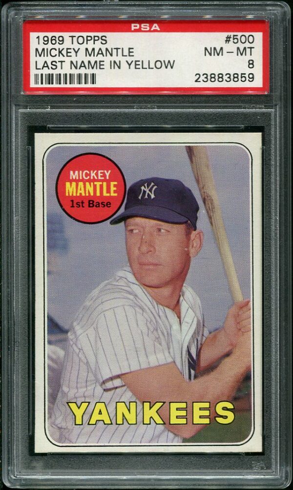 1969 Topps #500 Mickey Mantle Last Name In Yellow PSA 8 Vintage Baseball Card
