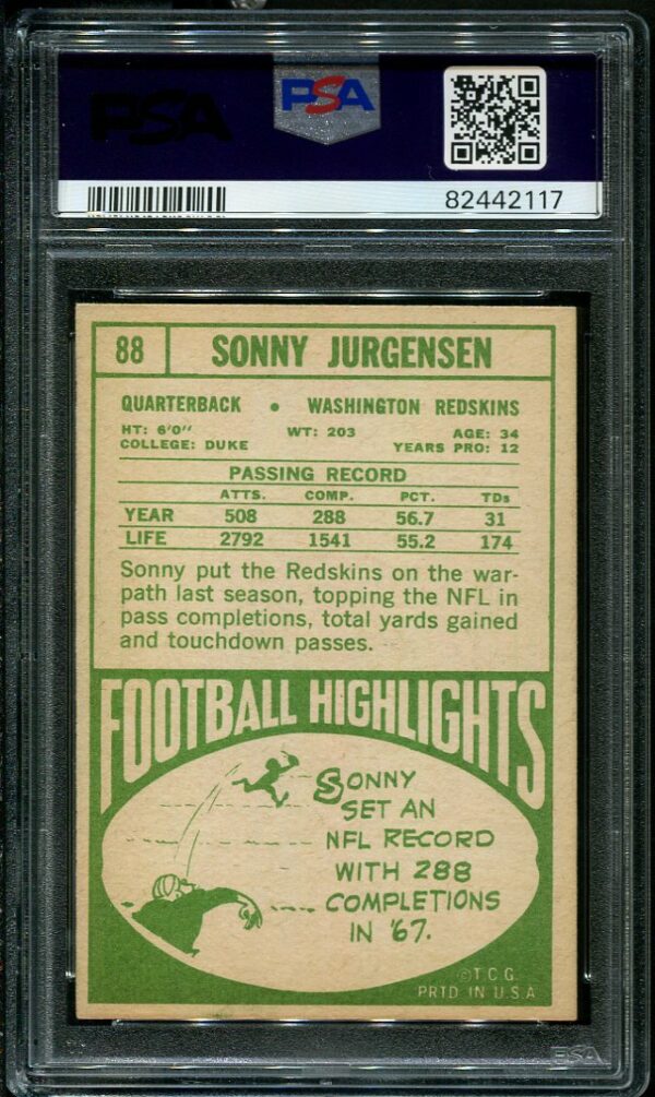 Authentic 1968 Topps #88 Sonny Jurgensen PSA 6 Football Card
