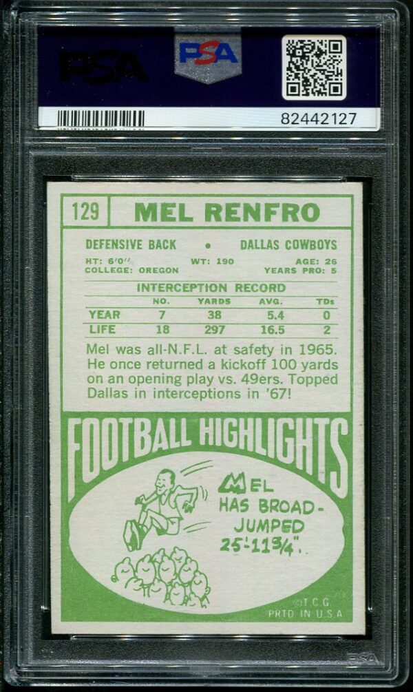 Authentic 1968 Topps #129 Mel Renfro PSA 7 Football Card