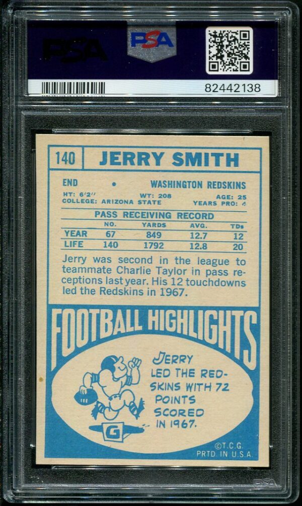 Authentic 1968 Topps #140 Jerry Smith PSA 6 Football Card