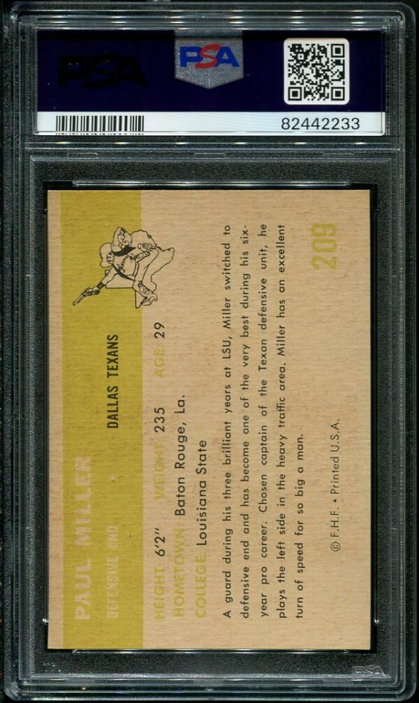 Authentic 1961 Fleer #209 Paul Miller PSA 7 Football Card