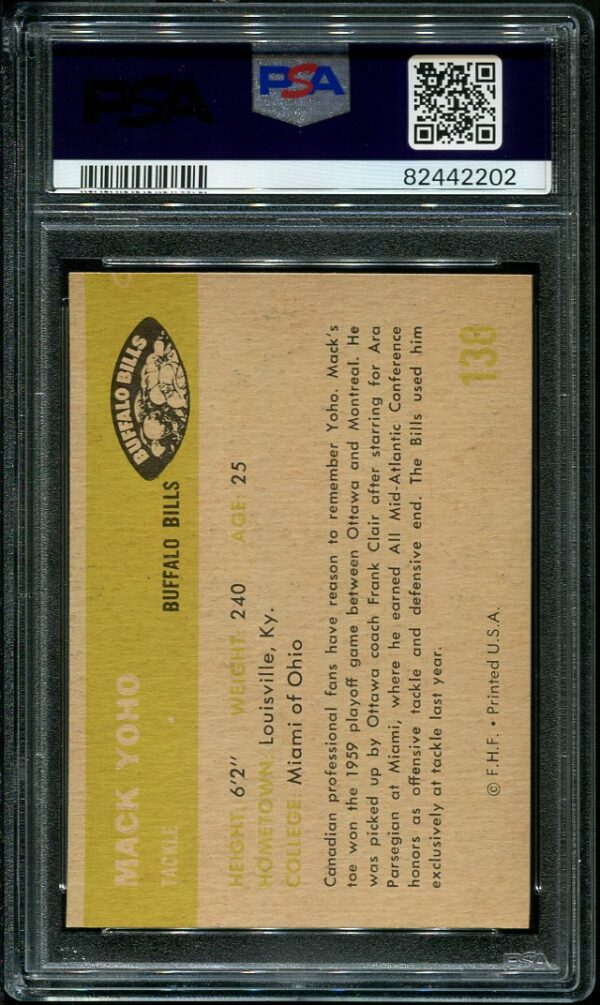 Authentic 1961 Fleer #138 Mack Yoho PSA 9 Football Card