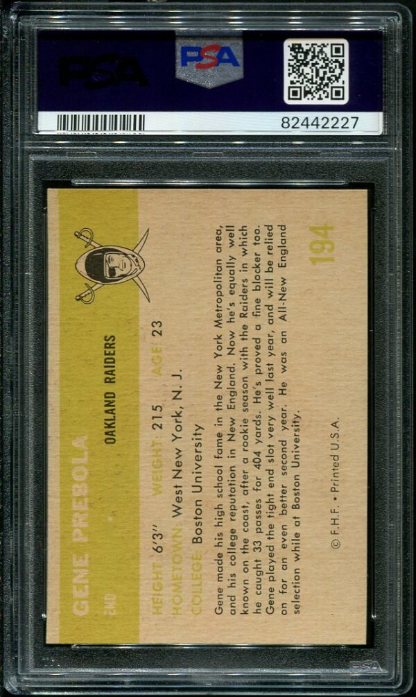 Authentic 1961 Fleer #194 Gene Prebola PSA 9 Football Card