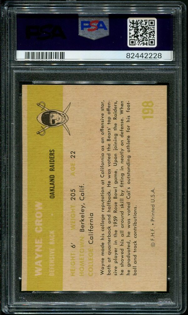 Authentic 1961 Fleer #198 Wayne Crow PSA 9 Football Card