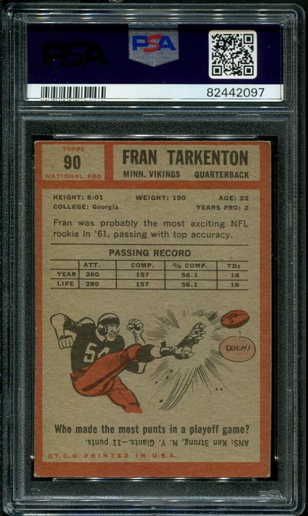 Authentic 1962 Topps #90 Fran Tarkenton PSA 3 Rookie Football Card