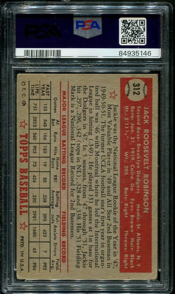 Authentic 1952 Topps #312 Jackie Robinson PSA 2 Baseball Card