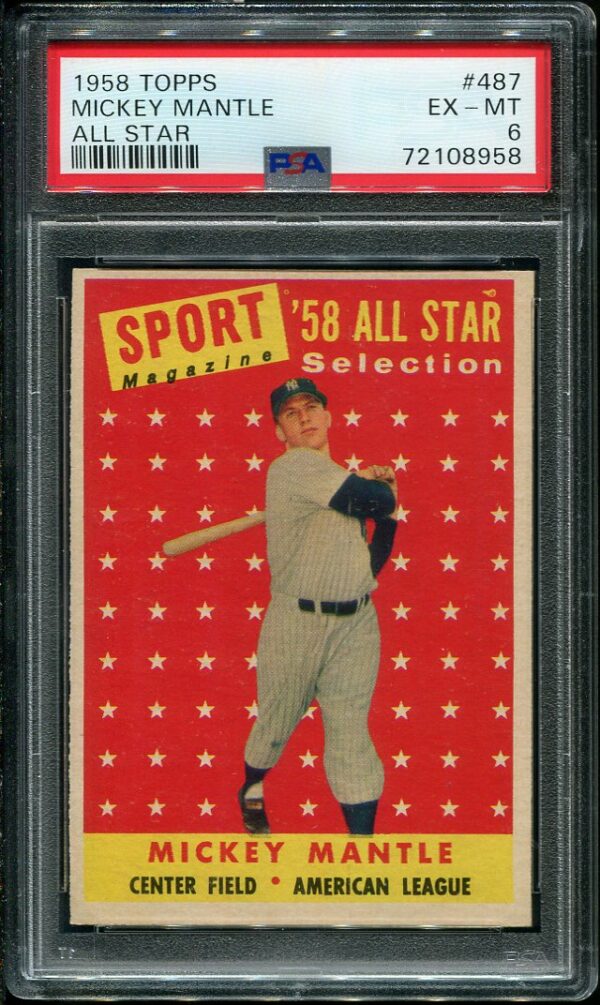 Authentic 1958 Topps #487 Mickey Mantle All Star PSA 6 Baseball Card