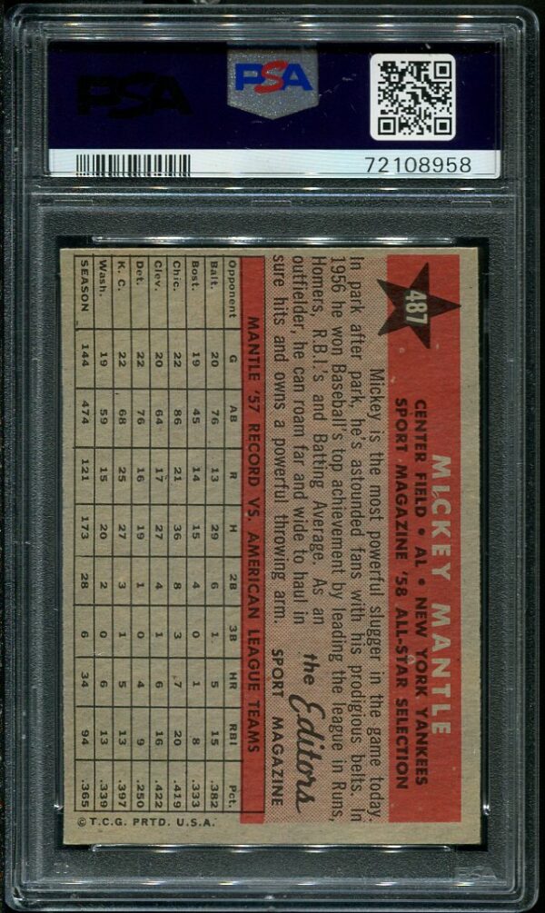 Authentic 1958 Topps #487 Mickey Mantle All Star PSA 6 Baseball Card
