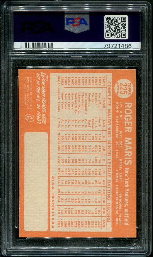Authentic 1964 Topps #225 Roger Maris PSA 6 Baseball Card