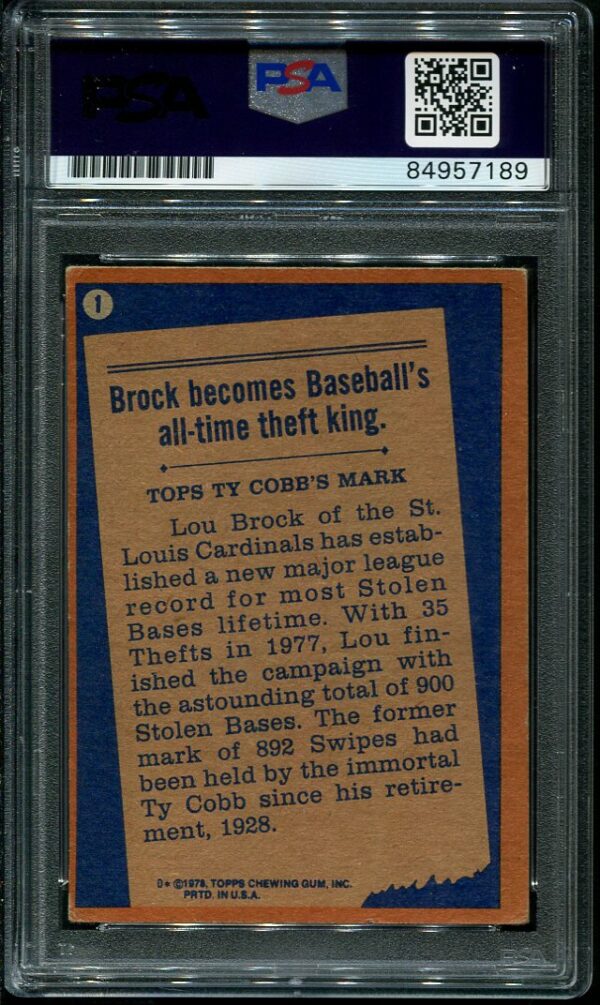 Authentic Autographed 1978 Topps #1 Lou Brock Record Breaker Baseball Card