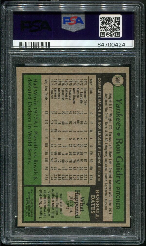Authentic 1979 Topps #500 Ron Guidry PSA 9 Baseball Card