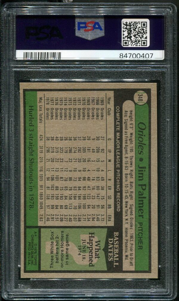 Authentic 1979 Topps #240 Jim Palmer PSA 9 Baseball Card