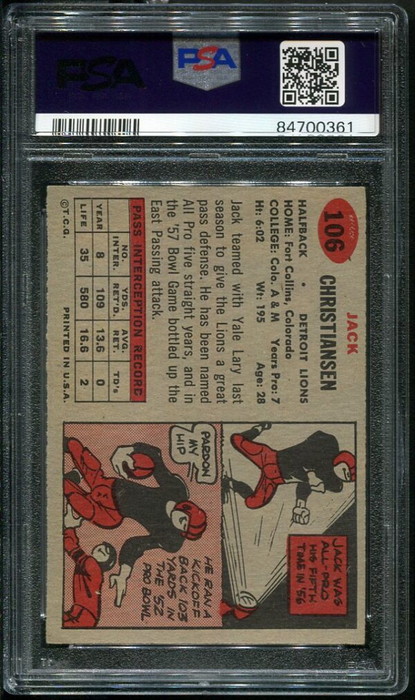 Authentic 1957 Topps #106 Jack Christiansen PSA 6 Football Card