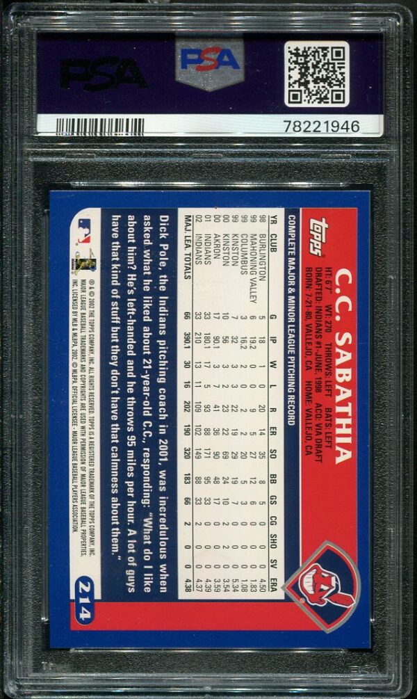 Authentic 2003 Topps #214 C.C. Sabathia Home Team Advantage PSA 9 Baseball Card