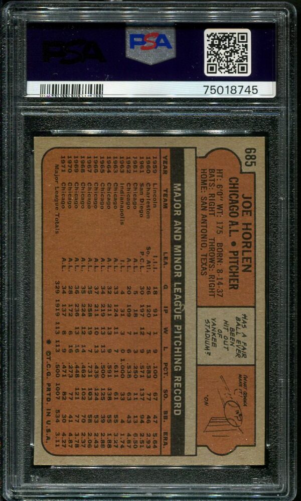 1972 Topps #685 Joe Horlen PSA 8 Baseball Card