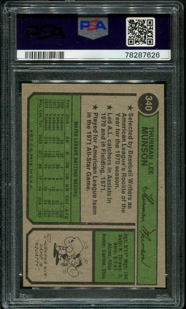 Authentic 1974 Topps #340 Thurman Munson PSA 7 Baseball Card