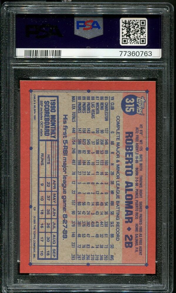 Authentic 1991 Topps #315 Roberto Alomar PSA 9 Baseball Card