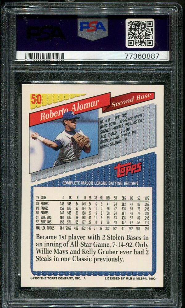 Authentic 1993 Topps #50 Roberto Alomar PSA 9 Baseball Card