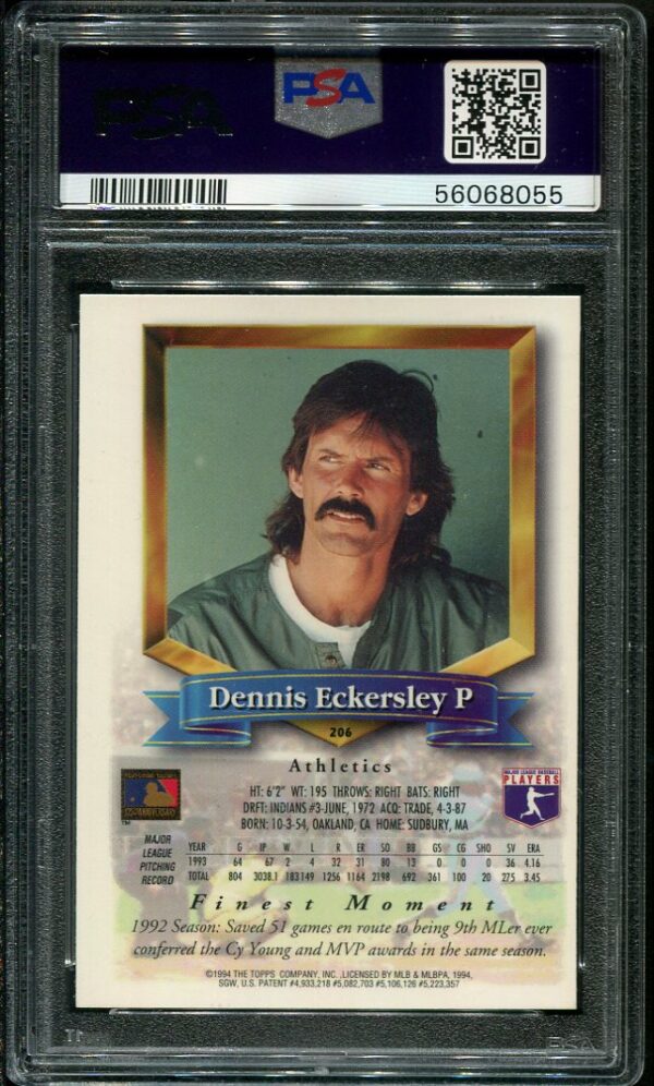 Authentic 1994 Finest #206 Dennis Eckersley Refractor PSA 8 Baseball Card