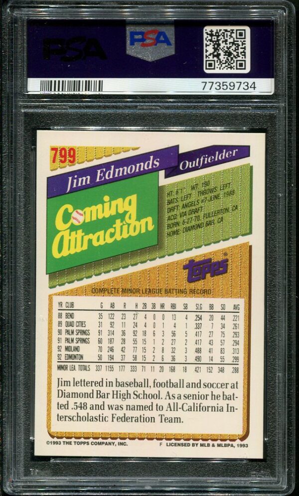 Authentic 1993 Topps #799 Jim Edmonds PSA 9 Rookie Baseball Card