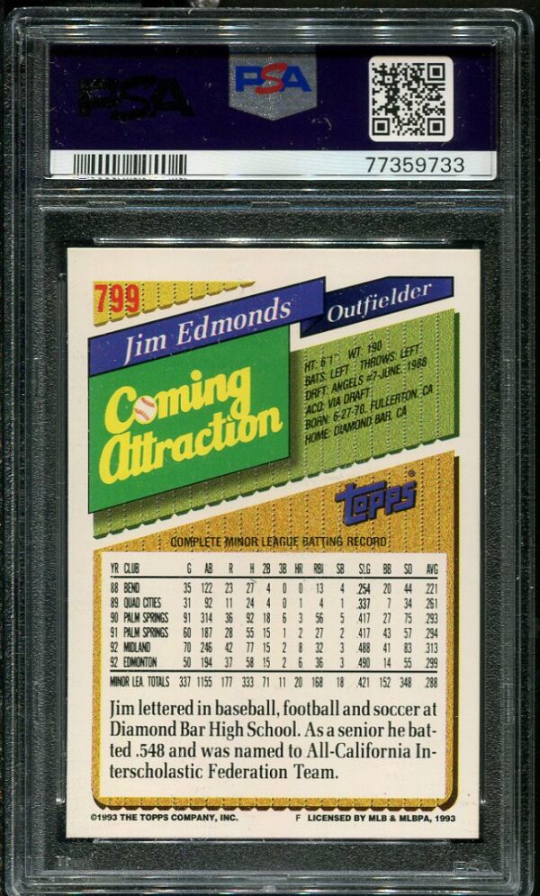 Authentic 1993 Topps #799 Jim Edmonds PSA 8 Rookie Baseball Card