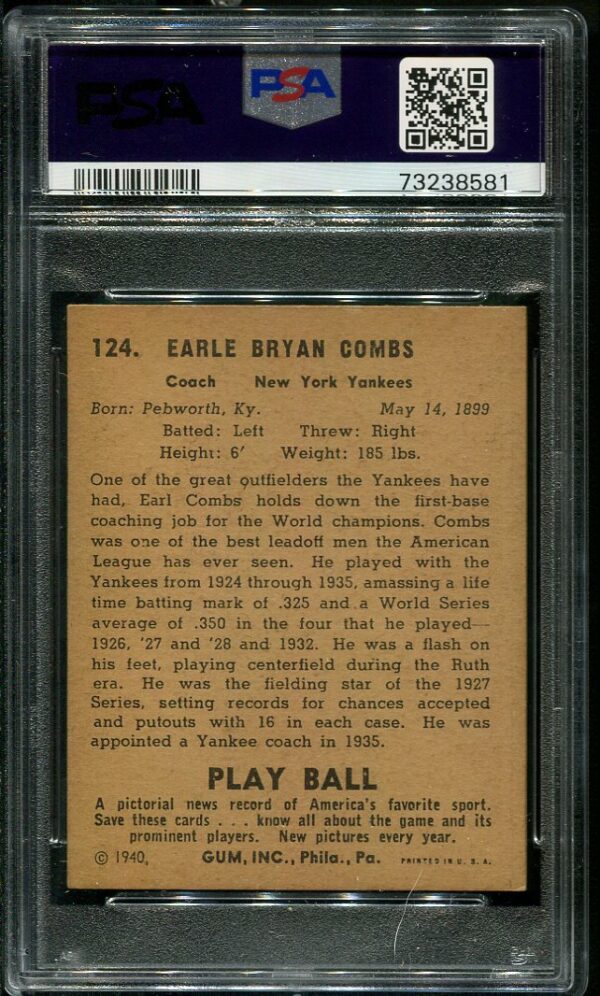 Authentic 1940 Play Ball #124 Colonel Combs PSA 6 Baseball Card