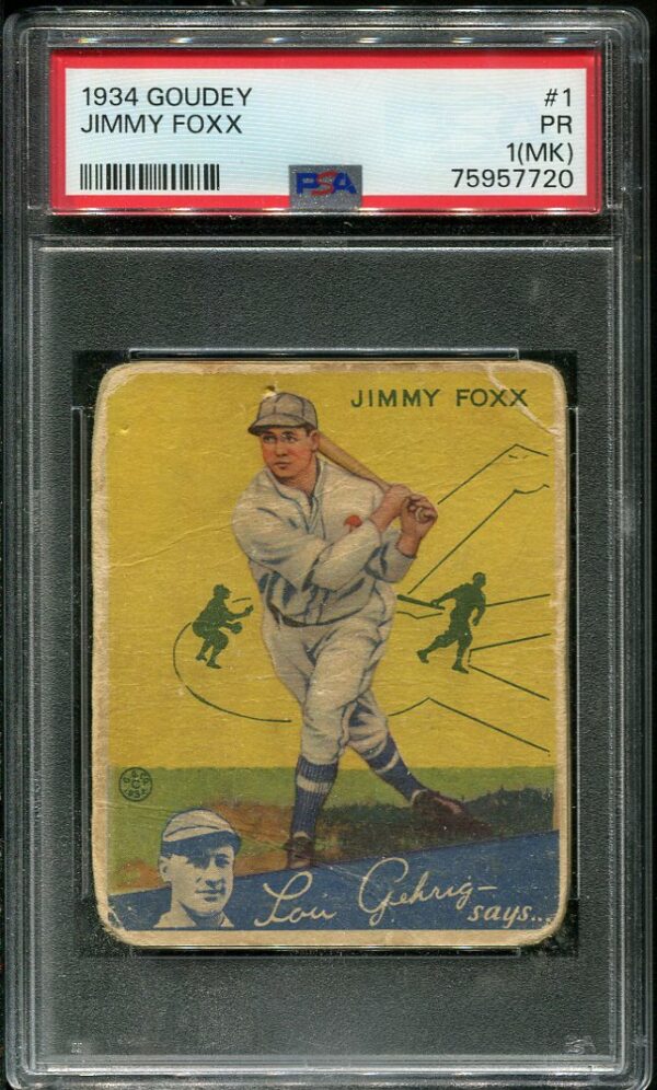 Authentic 1934 Goudey #1 Jimmy Foxx PSA 1 MK Vintage Baseball Card