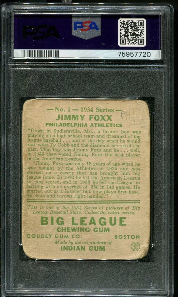 Authentic 1934 Goudey #1 Jimmy Foxx PSA 1 MK Vintage Baseball Card