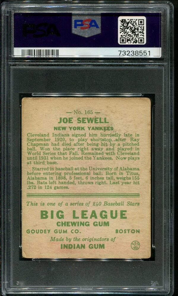 Authentic 1933 Goudey #165 Joe Sewell PSA 1.5 Vintage Baseball Card