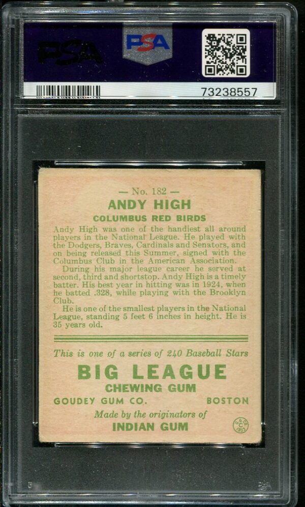 Authentic 1933 Goudey #182 Andy High PSA 3 Vintage Baseball Card