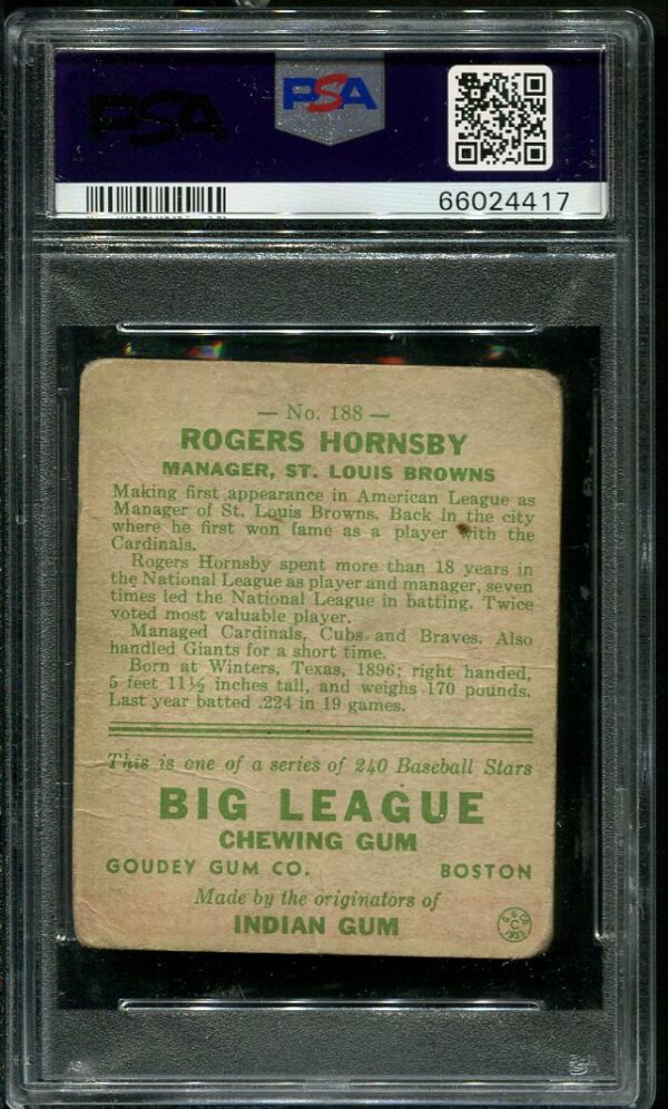 Authentic 1933 Goudey #188 Rogers Hornsby PSA 1 Vintage Baseball Card