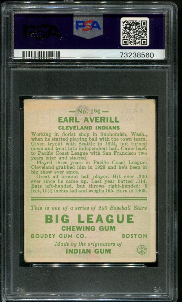 Authentic 1933 Goudey #194 Earl Averill PSA 2 Vintage Baseball Card