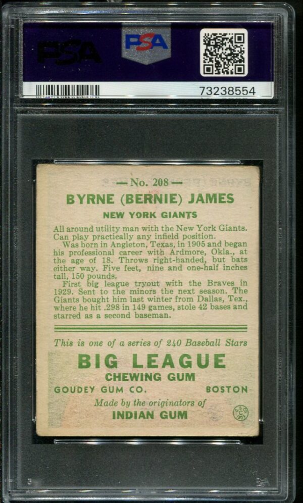 Authentic 1933 Goudey #208 Bernie James PSA 3 Vintage Baseball Card