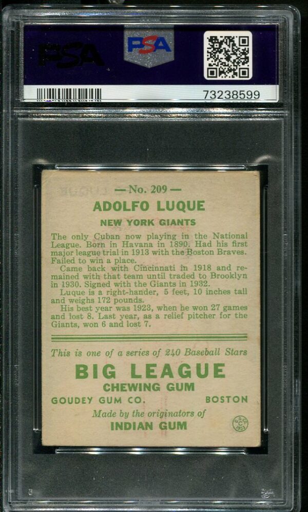 Authentic 1933 Goudey #209 Adolfo Luque PSA 3 Vintage Baseball Card