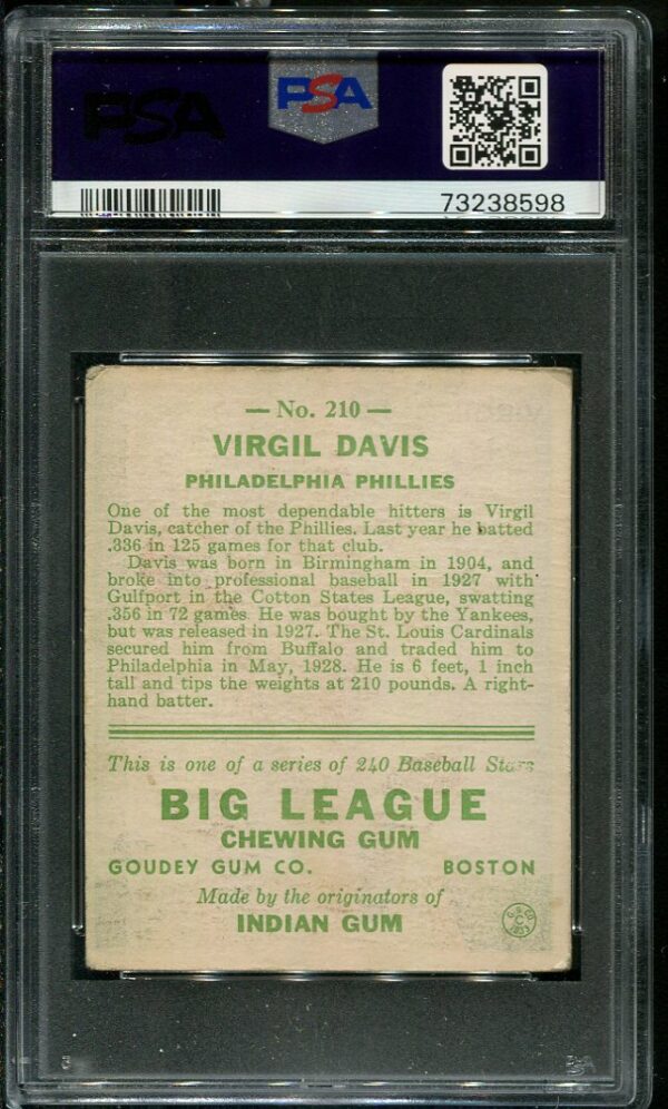 Authentic 1933 Goudey #210 Virgil Davis PSA 1.5 Vintage Baseball Card