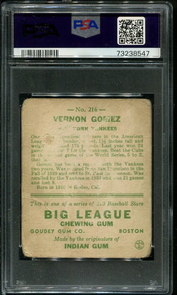 Authentic 1933 Goudey #216 Lefty Gomez PSA 1 Vintage Baseball Card