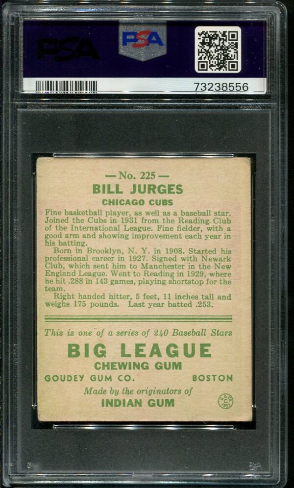 Authentic 1933 Goudey #225 Bill Jurges PSA 3 Vintage Baseball Card