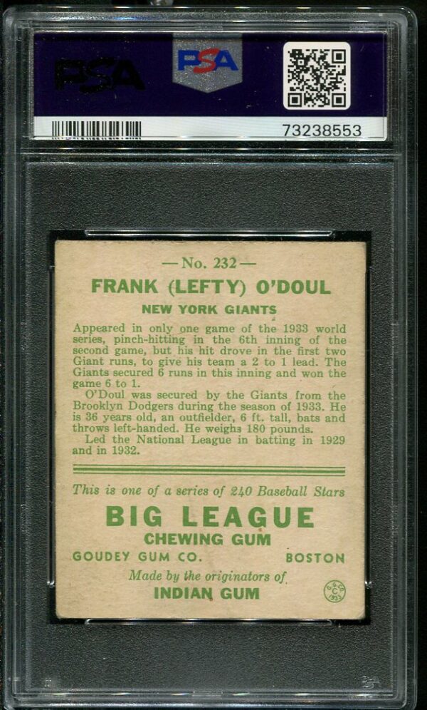 Authentic 1933 Goudey #232 Lefty O'Doul PSA 2 Vintage Baseball Card