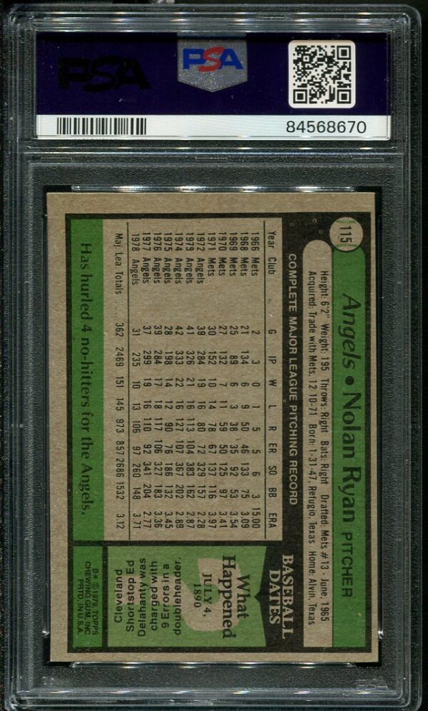 Authentic 1979 Topps #115 Nolan Ryan PSA 8 Baseball Card