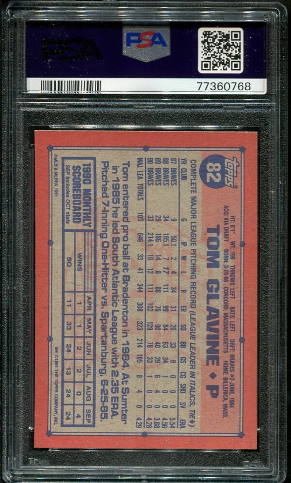 Authentic 1991 Topps #82 Tom Glavine PSA 9 Baseball Card