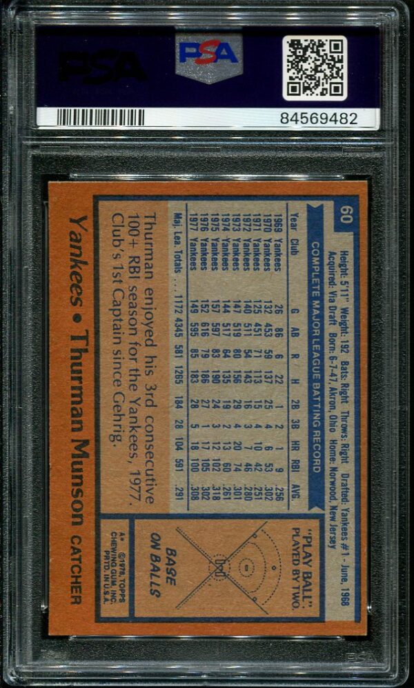 Authentic 1978 Topps #60 Thurman Munson PSA 9 Baseball Card