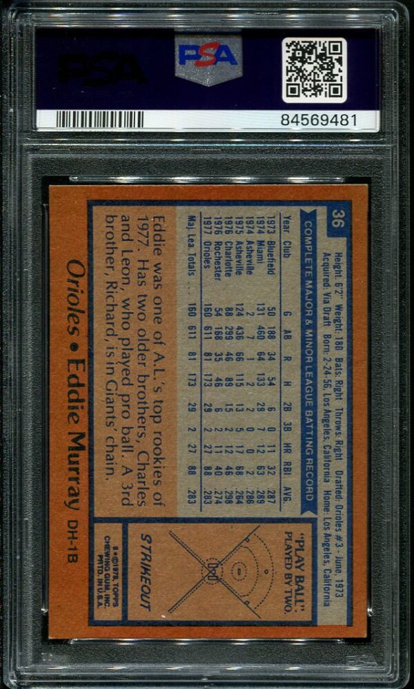 Authentic 1978 Topps #36 Eddie Murray PSA 8 Rookie Baseball Card